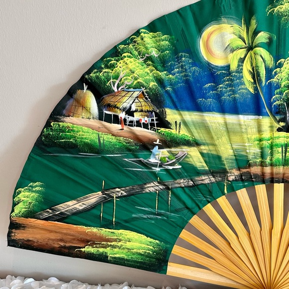 Vintage Silk Screen Bamboo Folding Fan Chinese Thai Asian Oriental Wall Art - Picture 4 of 6